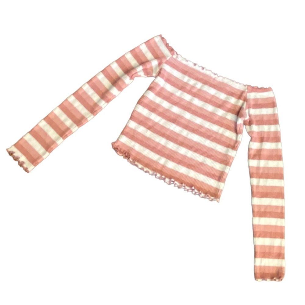 {Fashion House} Off shoulder long sleeve horizontal stripped top - Picture 3 of 8